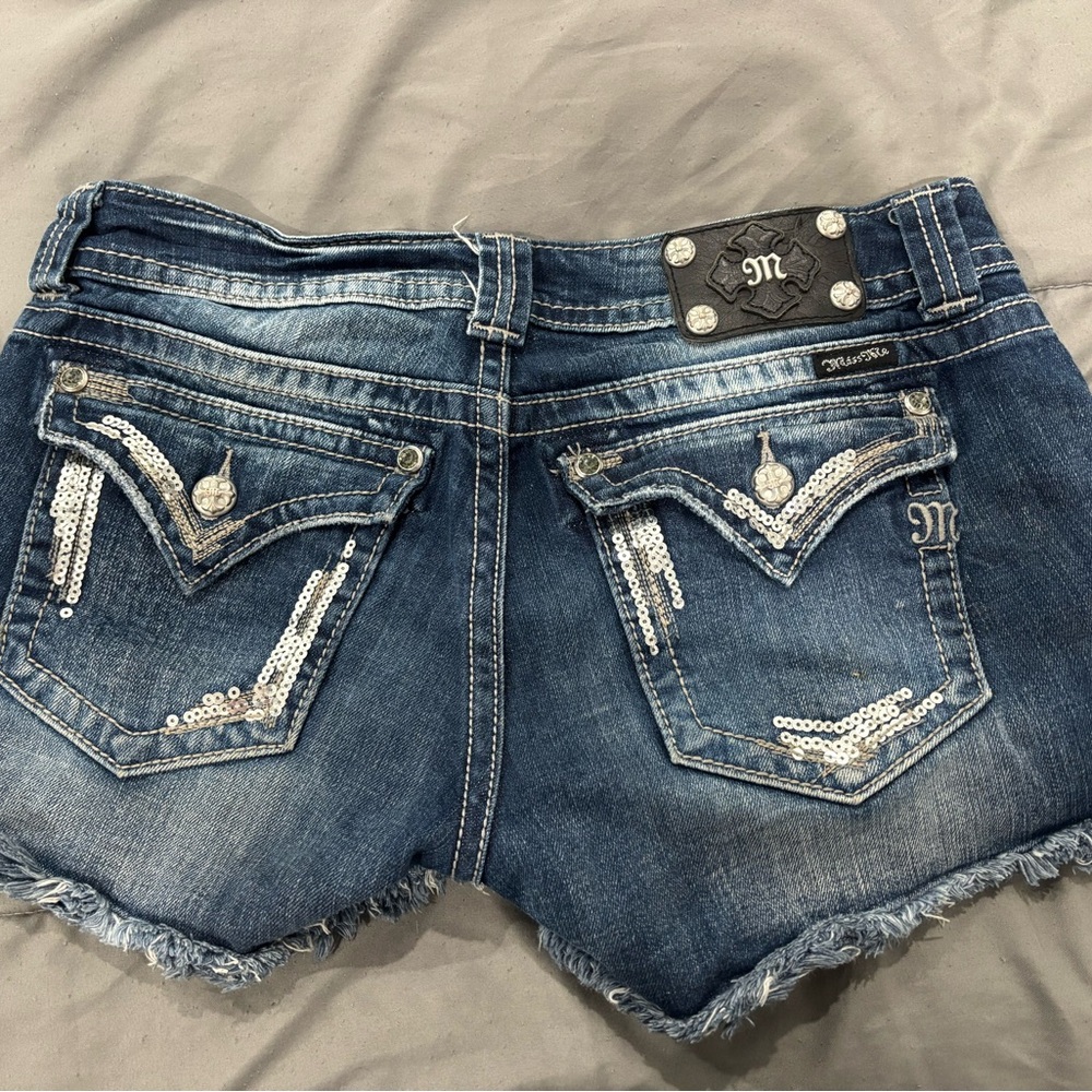 Miss Me Blue Jean Shorts with Distressed Hem and Rhinestone Accents